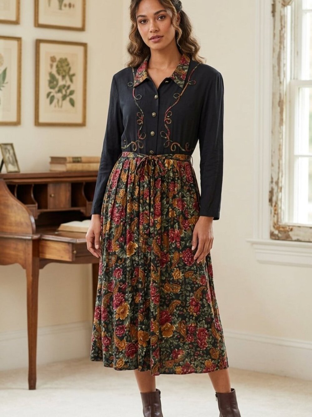 VTG Modest Black Floral Shoulder Padded Collar Black Button Down Midi Dress 16